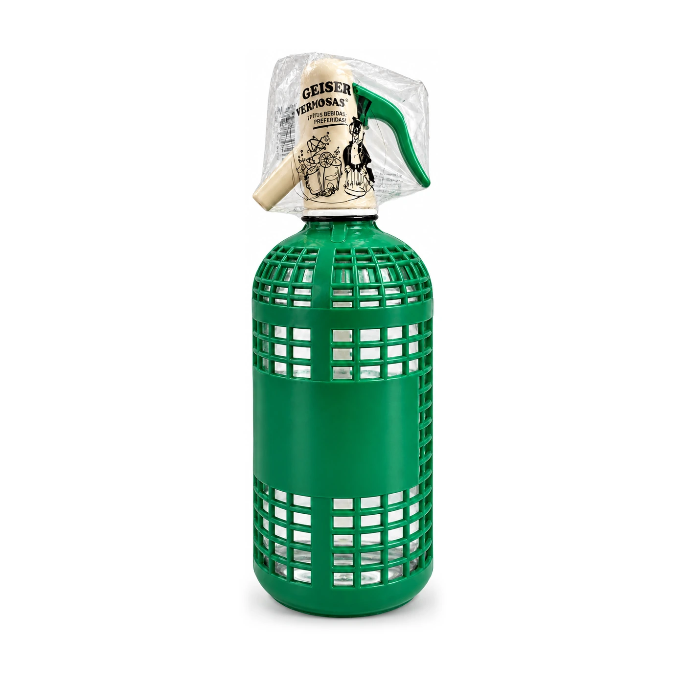 Sifón funcional verde Geiser con funda protectora y cabezal embalado